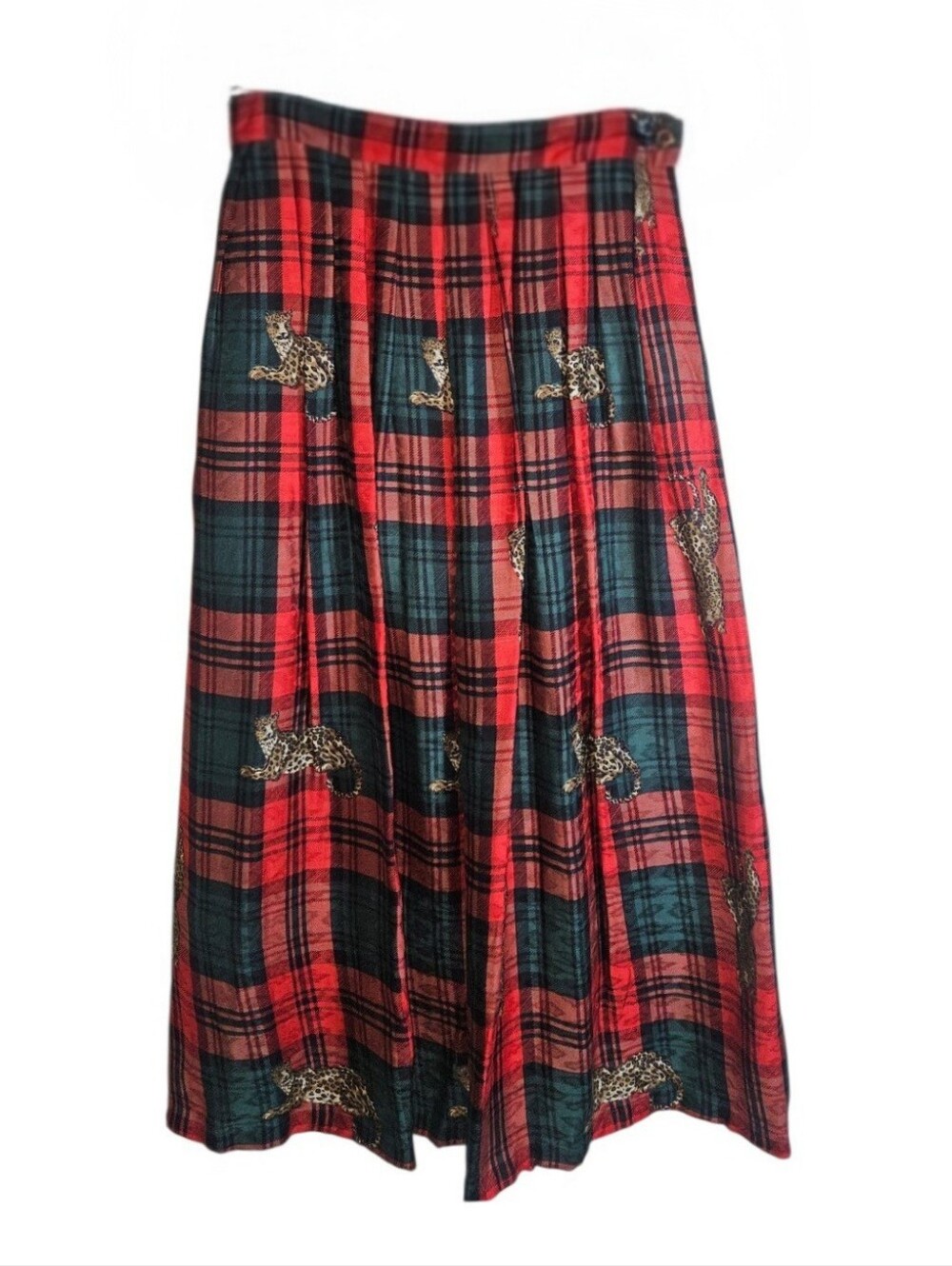 VTG. Herman Geist Tartan Novelty Print Leopard Red/Green Pleated Midi Skirt 10